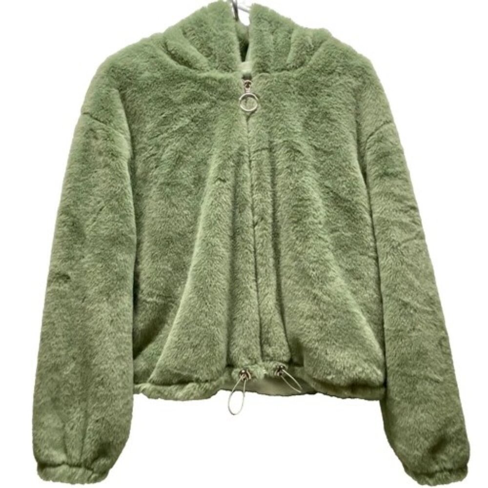 Free Haven Full Zip Jacket Women's Medium Soft Plush Green Hooded‎ Cropped EUC